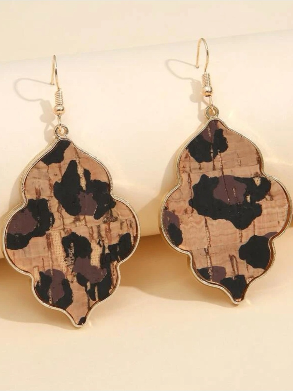 Leopard Cork Quatrefoil Drop Earrings - Gold Trim